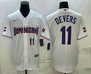 Mens Dominican Republic Baseball #11 Rafael Devers Number 2023 White World Baseball Classic Stitched Jersey